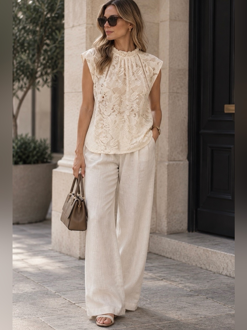 Anne Klein Cream Floral Lace Cap-Sleeve Blouse